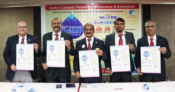 Manoj Mathur_ K Bhaskar_Sanjay Bhilare_Thanu Kumar and Sravan Kumar of IPA seen unveiling the poster of the 30th Indian Plumbing Conference in Hyderabad