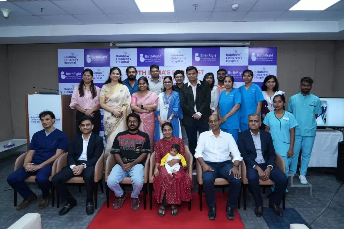 Baby who received South India’s smallest liver transplant, held by his mother at Rainbow Children’s Hospital, Banjara Hills Rainbow Children’s Hospital doctors, nurses and staff pose with the baby and his mother after the pediatric liver transplant, Hyderabad